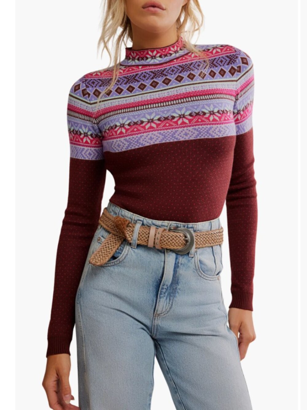 NWT Free People Warmer Fair Isle Long Sleeve Bodysuit Large, MAPLE COMBO